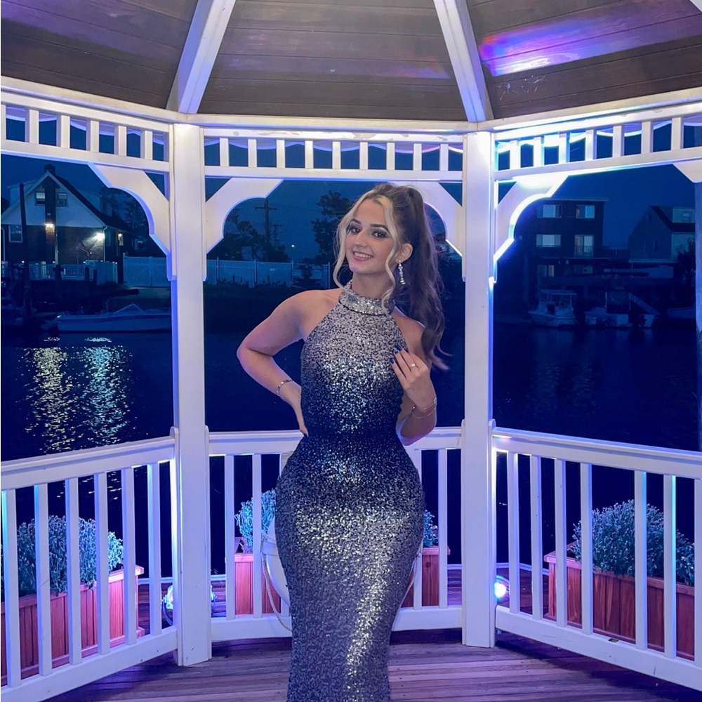 Stunning Silver And Navy Blue Sequin Gown